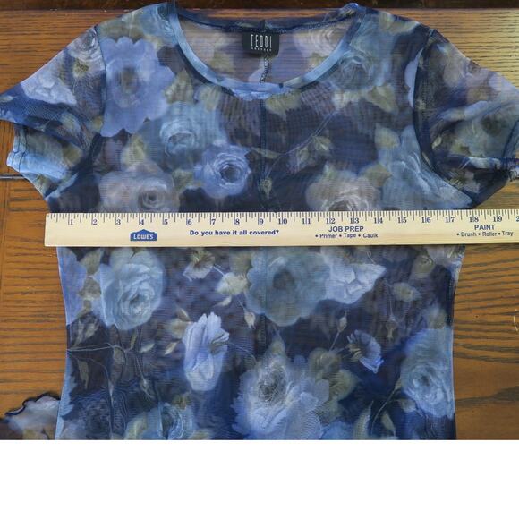 Y2k 90s Floral Maxi Dress TEDDI Short Sleeve Size 8 Sheer Stretch Ruffle Bodycon - Picture 5 of 13